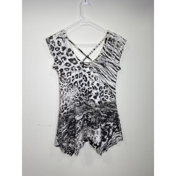 Vintage Black White Multi Animla Print Ruffled Flowy Long Top Y2k, 90s Grudge,Wh - Picture 8 of 10